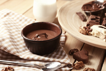 Bowl with molten chocolate on table