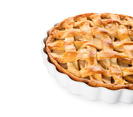 Tasty homemade apple pie on white background