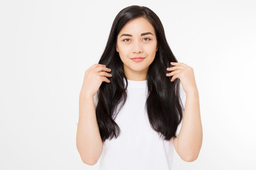 Young asian woman with brunette healthy clean shiny hair isolated on white background. Girl long hairstyle. Copy space