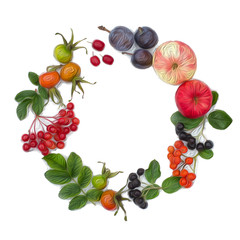 Autumn harvesting. Composition of fruits, berries on a white background. Apples, viburnum, dogwood, dog rose, rowan, chokeberry. Round frame with space for text