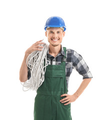 Young male electrician on white background