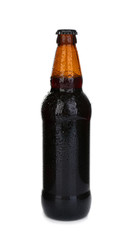 Glass bottle of cold beer on white background