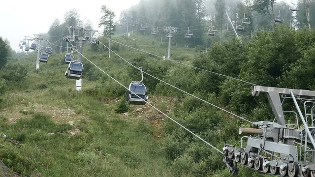Sochi, Roza Khutor in summer time. funicular or cable-railway in mountains. long shot