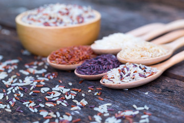 Five kinds of organic rice on wooden floor