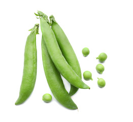 Fresh green pea pods on white background