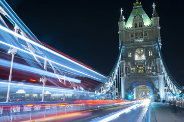 Tower Bridge with light trails from traffic at night