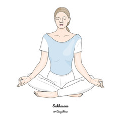 Sukhasana or Easy Pose with Chin Mudra. Yoga Practice. Vector.