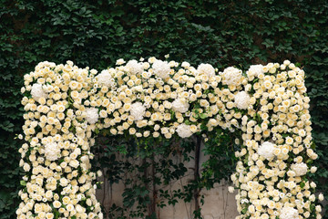 Beautiful composition of hydrangea on wedding ceremony arch