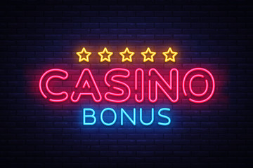 Obraz premium Casino Bonus Neon Text Vector. Bonus neon sign, design template, modern trend design, casino neon signboard, night bright advertising, light banner, light art. Vector illustration
