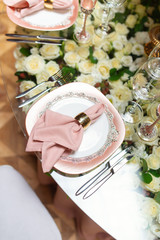 Elegant wedding table arrangement, floral decoration, restaurant. Wedding table setup