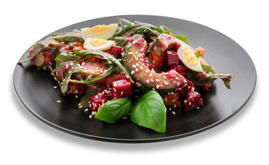 Plate with tasty avocado salad on white background