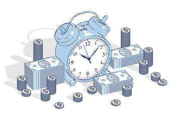 Time is Money concept, table Alarm Clock with cash money stacks and coin piles isolated on white background. Vector 3d isometric business and finance illustration, thin line design.