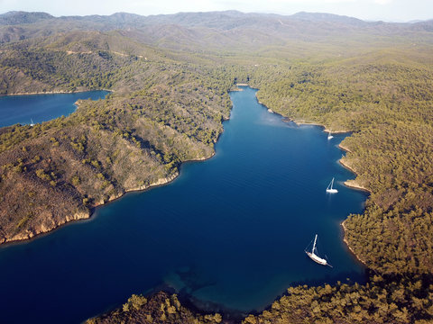 Aerial view of Sakli Cove in Yedi Adalar, Gokova Bay Marine Protected Area Turkey