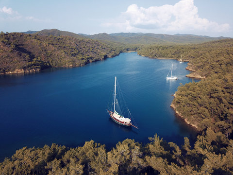 Aerial view of Sakli Cove in Yedi Adalar, Gokova Bay Marine Protected Area Turkey