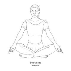 Sukhasana or Easy Pose with Gyan Mudra. Yoga Practice. Vector.