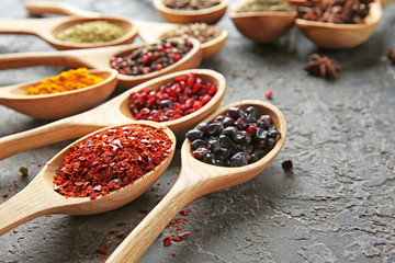 Spoons with different dry spices on grunge background