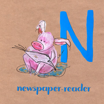 Alphabet for children with pig profession. Letter N. Newspaper reader
