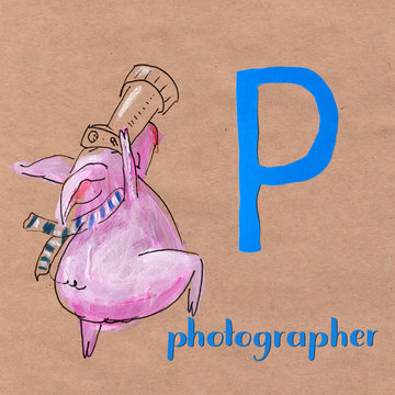 Alphabet for children with pig profession. Letter P. Photographer