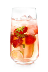 Tasty lemonade with strawberry in glass on white background