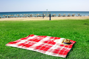 Summer photo of empty blanket on grass and free space for your decoration. 