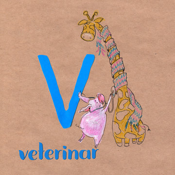 Alphabet for children with pig profession. Letter V. Veterinar