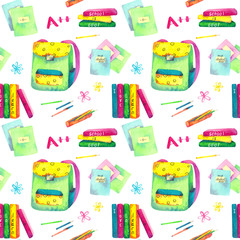 Seamless pattern made of watercolor painted school accessories on white background.