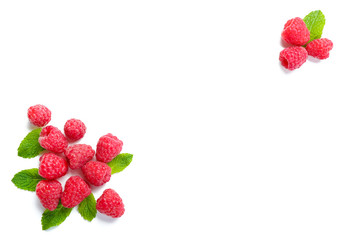 Delicious ripe raspberries with mint on white background