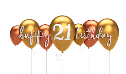 Happy 21st birthday gold balloon greeting background. 3D Rendering