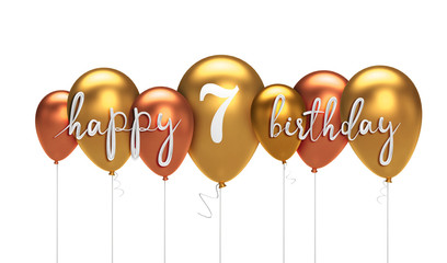 Happy 7th birthday gold balloon greeting background. 3D Rendering