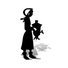 Girl with samovar in hands, silhouette-character on white background,