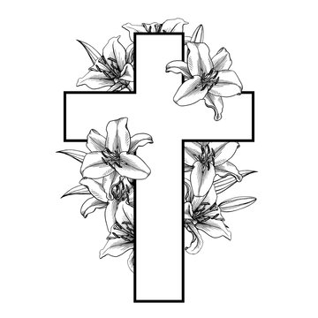Cross And Flowers Clipart Black And White