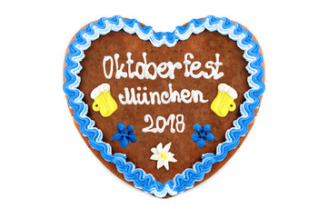 Oktoberfest Munich 2018 Gingerbread heart at white isolated background