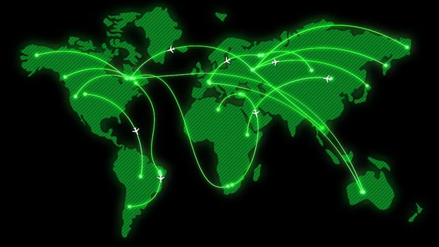 Green glowing map of the world with flat animated airplanes and flight trajectories. Lot or arcs and lines, connecting points. Global air travel or business concept. Seamless loop with alpha channel.