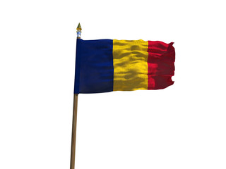 Chad flag Isolated Silk waving flag of Republic of Chad made transparent fabric with wooden flagpole golden spear on white background isolate real photo Flags of world countries 3d illustration