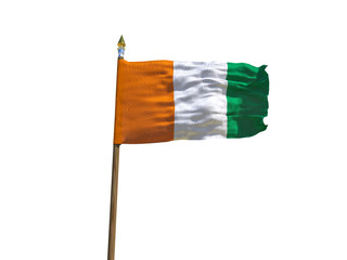 Cote d'Ivoire flag Isolated Silk waving flag of Republic of Cote d'Ivoire made transparent fabric with wooden flagpole golden spear on white background isolate real photo Flags 3d illustration
