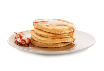 Tasty pancakes with fried bacon on white background
