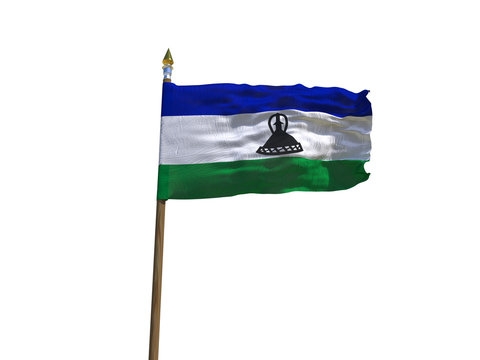 Lesotho flag Isolated Silk waving flag of Kingdom of Lesotho made transparent fabric with wooden flagpole golden spear on white background isolate real photo Flags of world countries 3d illustration
