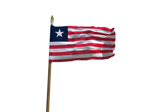 Liberia flag Isolated Silk waving flag of Republic of Liberia made transparent fabric with wooden flagpole golden spear on white background isolate real photo Flags of world countries 3d illustration