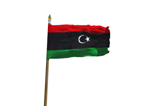 Libya flag Isolated Silk waving flag of State of Libya made transparent fabric with wooden flagpole golden spear on white background isolate real photo Flags of world countries 3d illustration