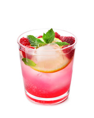 Glass of fresh raspberry mojito on white background