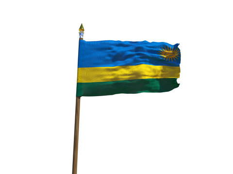 Rwanda flag Isolated Silk waving flag of Republic of Rwanda made transparent fabric with wooden flagpole golden spear on white background isolate real photo Flags of world countries 3d illustration