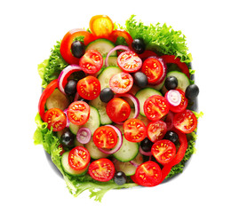 Bowl with tasty vegetable salad on white background
