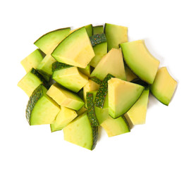 Slices of ripe avocado on white background