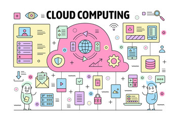 Fototapeta premium Vector thin line cloud computing poster banner