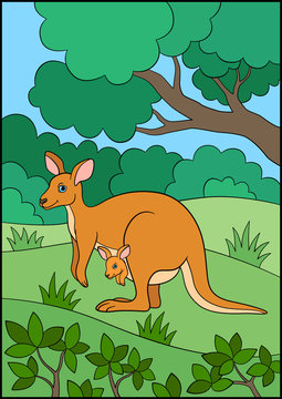 Cartoon animals. Mother kangaroo with her little cute baby.