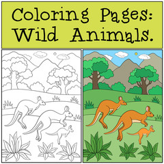 Coloring Pages: Wild Animals. The kangaroo family runs.