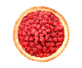 Tasty homemade raspberry pie on white background