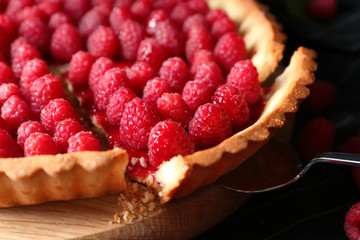 Tasty homemade raspberry pie, closeup