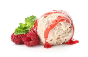 Delicious ice-cream with raspberry jam on white background