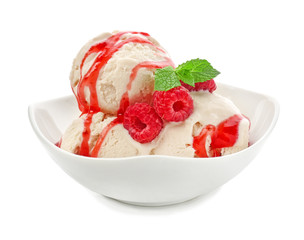 Bowl with delicious raspberry ice-cream on white background